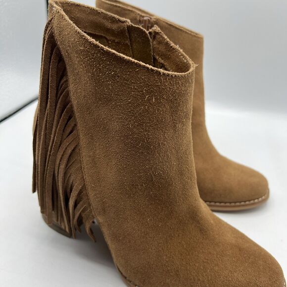 Arturo Chiang Suede Leather Fringe Chunky Heel Booties Boots Tan Camel Boho  7M - Picture 6 of 12